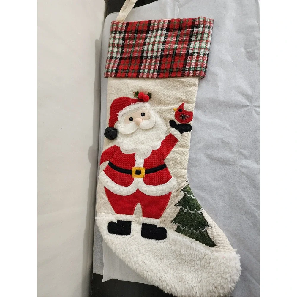 Set of 2 Burlap Christmas Stockings Santa and Snowman Applique Plaid Cuff 18in
